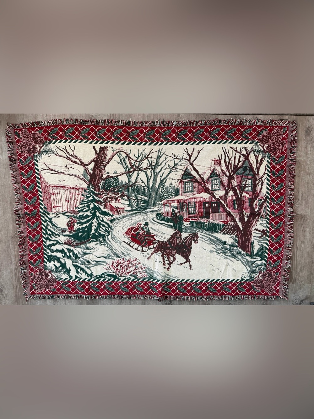 Vintage Woven Holiday Tapestry Throw Blanket Horse drawn carriage Red, Green
